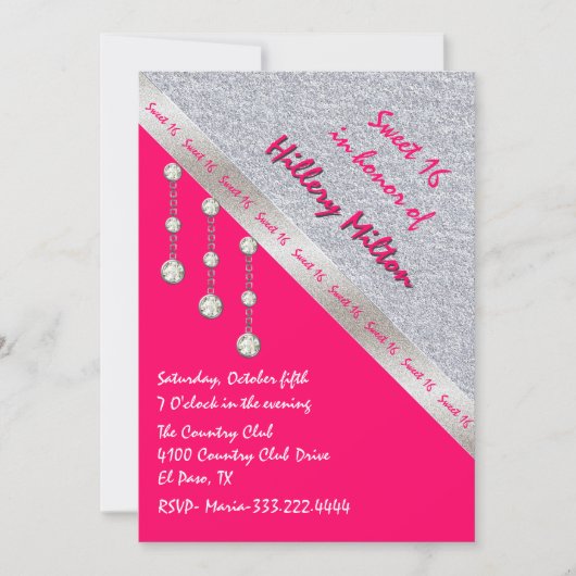 Chic Hot Pink und Silver Sweet 16 Einladung (Vorderseite)