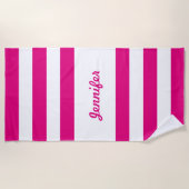 Chic Hot Pink und White Stripes Personalisiert Strandtuch (Vorderseite)