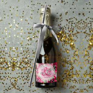 Chic Hot Pink Watercolor Floral Wedding Mini Schaumweinetikett