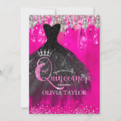 Chic Hot Rosa silber Glitzer Tropfen Quinceanera Einladung (Vorderseite)