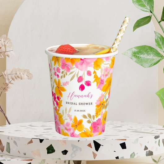 Chic hübsch-gelb-rosa Blumenbraun Pappbecher