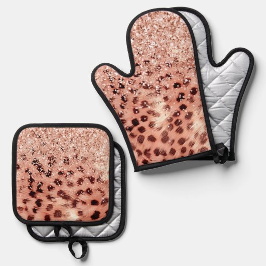Chic Hübsch Girly Rose Gold Leopard Glitzer Liebe Ofenhandschuh & Topflappen-Set (Vorderseite/Rückseite)