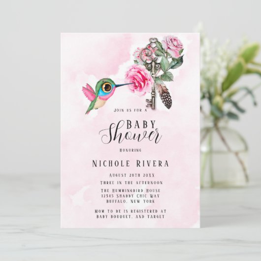 Chic Hummingbird Floral Key Baby Girl Dusche Einladung (Stehend Vorderseite)