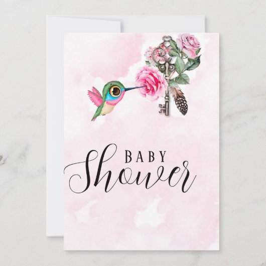 Chic Hummingbird Floral Key Baby Girl Dusche Einladung (Rückseite)