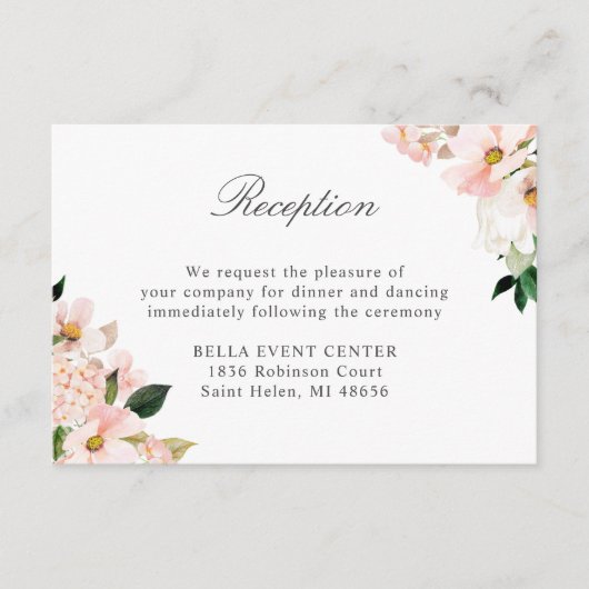 Chic Hydrangea Blush Pink Floral Hochzeitsempfang Begleitkarte (Vorderseite)