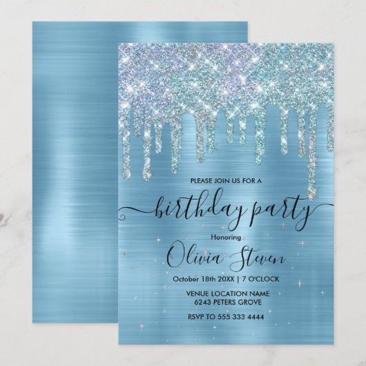 Chic ice blue aqua dripping Glitzer monogram Einladung (Vorne/Hinten)