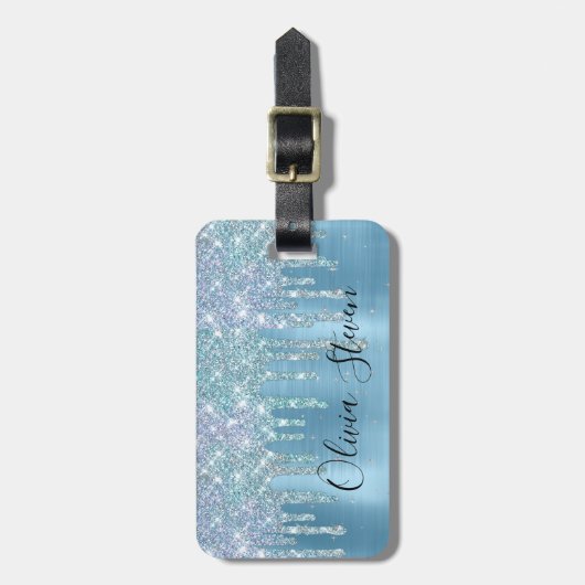 Chic ice blue aqua dripping Glitzer monogram Gepäckanhänger (Vorderseite vertikal)