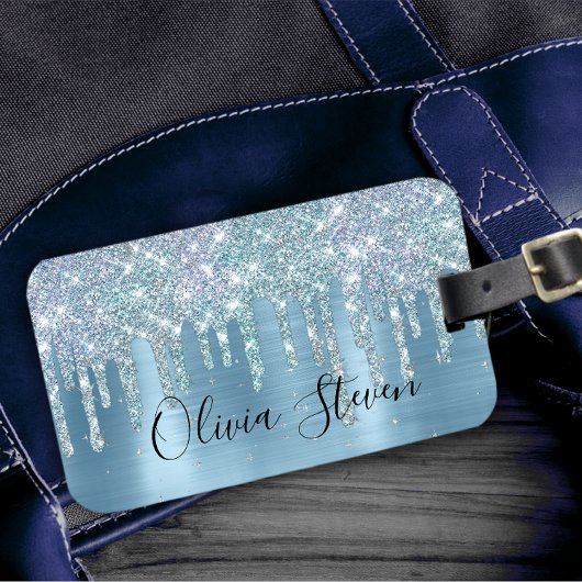 Chic ice blue aqua dripping Glitzer monogram Gepäckanhänger