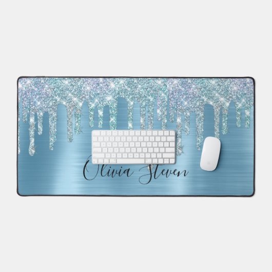 Chic ice blue aqua dripping Glitzer monogram Schreibtischunterlage (Tastatur & Maus)