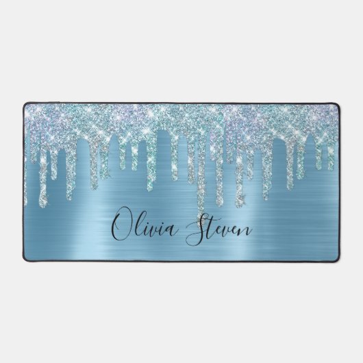 Chic ice blue aqua dripping Glitzer monogram Schreibtischunterlage (Vorderseite)