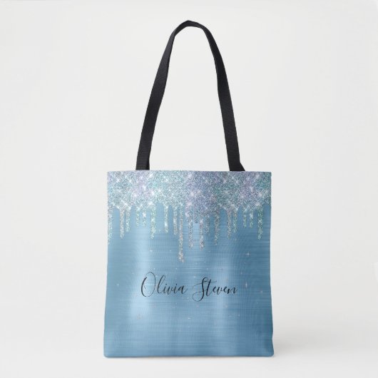 Chic ice blue aqua dripping Glitzer monogram Tasche (Vorderseite)