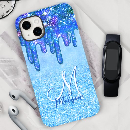 Chic ice blue ombre Glitzer Tropfen Monogramm Note Case-Mate iPhone Hülle