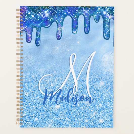 Chic ice blue ombre Glitzer Tropfen Monogramm Note Planer (Vorderseite)