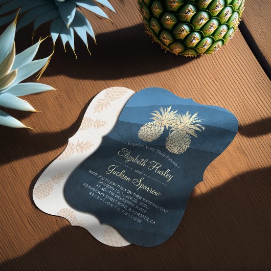 Chic Imitate Gold Ananas Couple Blue Wave Wedding Einladung