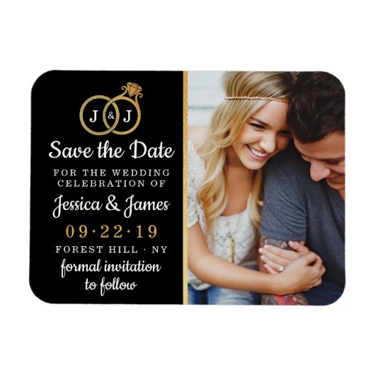 Chic Imitate Gold Foil Monogram Wedding Rings Magnet (Horizontal)