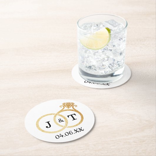Chic Imitate Gold Foil Monogram Wedding Rings Runder Pappuntersetzer (Vor Ort)