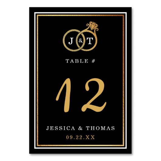 Chic Imitate Gold Foil Monogram Wedding Rings Tischnummer (Vorderseite)