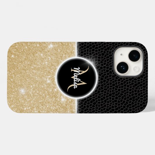 Chic Imitate Gold Glitzer Black Leather Monogram Case-Mate iPhone Hülle (Rückseite (Horizontal))