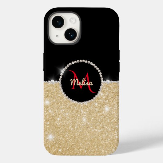 Chic Imitate Gold Glitzer Black & Pearl Monogram Case-Mate iPhone Hülle (Rückseite)