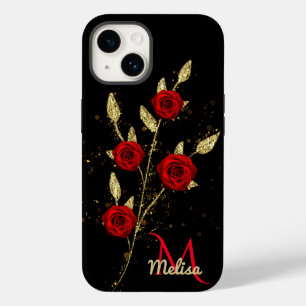 Chic Imitate Gold Glitzer Blätter Rote Rose Monogr Case-Mate iPhone 14 Hülle