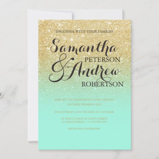 Chic Imitate Gold Glitzer Minze Grün Hochzeit Einladung (Vorderseite)