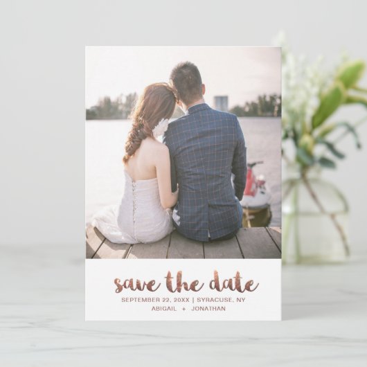 Chic Imitate Kupfer Rose Script mit Dots Foto Save The Date (Stehend Vorderseite)