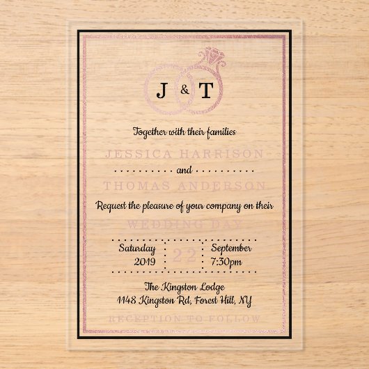 Chic Imitate Rose Gold Foil Monogram Wedding Rings Acryleinladungen (Vorderseite)