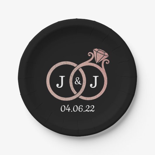 Chic Imitate Rose Gold Foil Monogram Wedding Rings Pappteller (Vorderseite)