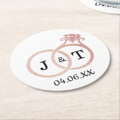 Chic Imitate Rose Gold Foil Monogram Wedding Rings Runder Pappuntersetzer (Angewinkelt)