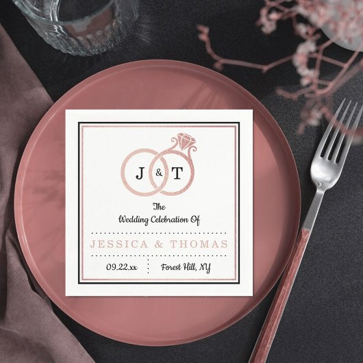 Chic Imitate Rose Gold Foil Monogram Wedding Rings Serviette