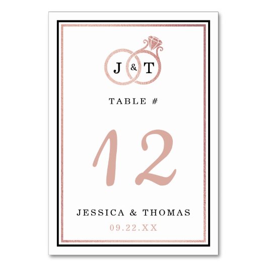Chic Imitate Rose Gold Foil Monogram Wedding Rings Tischnummer (Rückseite)