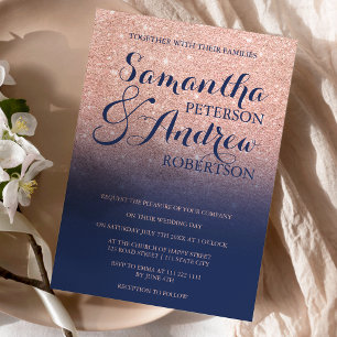 Chic Imitate Rose Gold Glitzer blauen Hochzeit Einladung