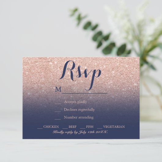 Chic Imitate Rose Gold Glitzer Marine blaue UAWG RSVP Karte (Stehend Vorderseite)
