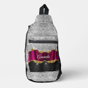 Chic Imitate silber Glitzer Fuchsia schwarze Monog Crossbody Bag