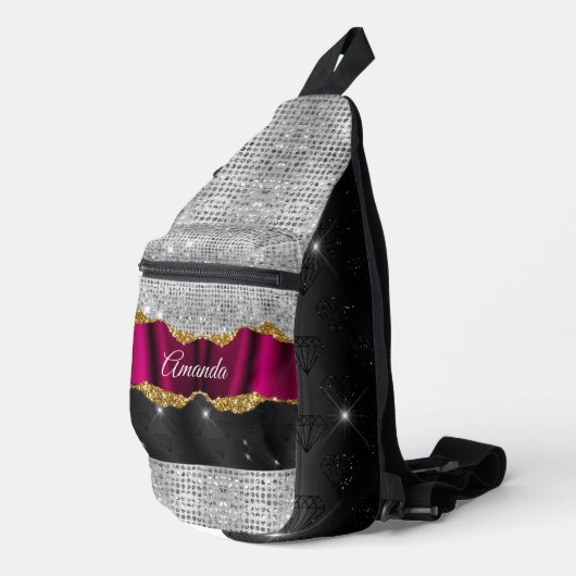 Chic Imitate silber Glitzer Fuchsia schwarze Monog Crossbody Bag (Rechte Ecke)