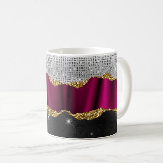 Chic Imitate silber Glitzer Fuchsia schwarze Monog Kaffeetasse (VorderseiteRechts)