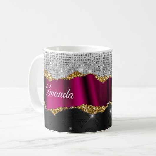 Chic Imitate silber Glitzer Fuchsia schwarze Monog Kaffeetasse (Vorderseite Links)
