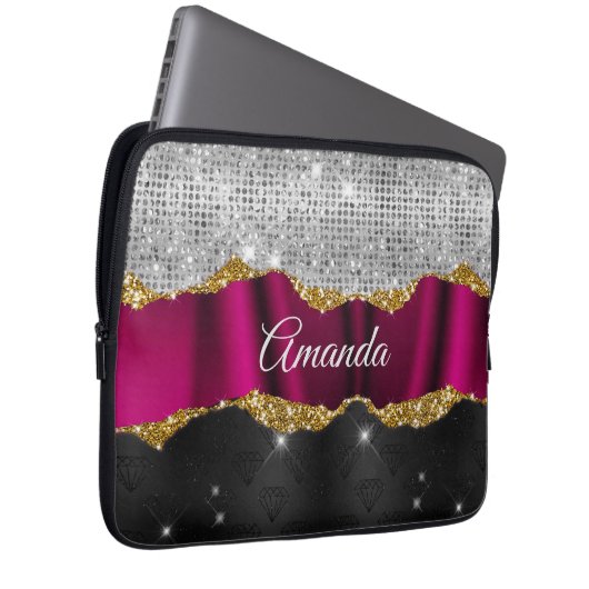 Chic Imitate silber Glitzer Fuchsia schwarze Monog Laptopschutzhülle (Vorne Rechts)