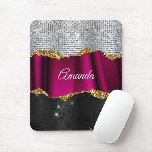 Chic Imitate silber Glitzer Fuchsia schwarze Monog Mousepad (Mit Mouse)