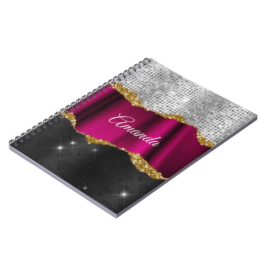 Chic Imitate silber Glitzer Fuchsia schwarze Monog Notizblock (Linke Seite)