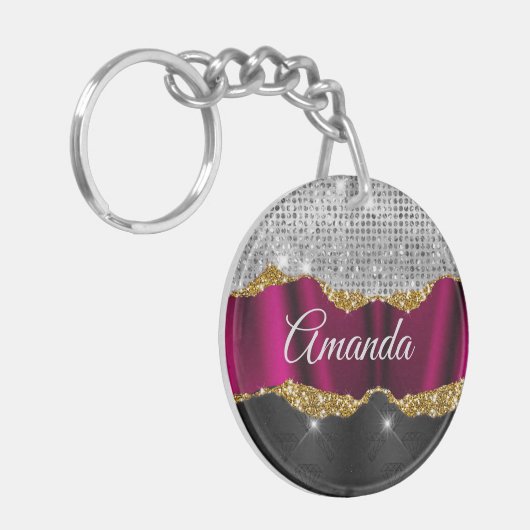 Chic Imitate silber Glitzer Fuchsia schwarze Monog Schlüsselanhänger (Vorderseite links)