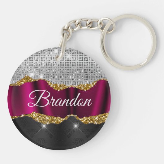 Chic Imitate silber Glitzer Fuchsia schwarze Monog Schlüsselanhänger (Rückseite)