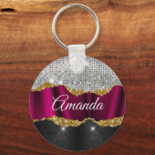 Chic Imitate silber Glitzer Fuchsia schwarze Monog Schlüsselanhänger (Vorderseite)