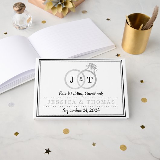 Chic Imitate Silver Foil Monogram Wedding Rings Gästebuch (Vorderseite Offen)