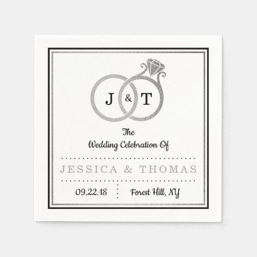 Chic Imitate Silver Foil Monogram Wedding Rings Serviette (Vorderseite)