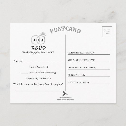 Chic Imitate Silver Foil Monogram Wedding Rings UA Einladungspostkarte (Rückseite)