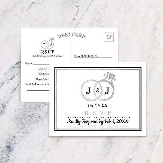Chic Imitate Silver Foil Monogram Wedding Rings UA Einladungspostkarte