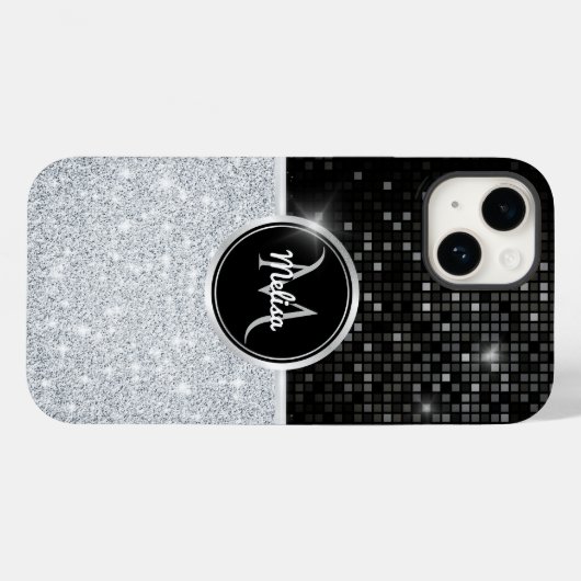 Chic Imitate Silver Glitzer Black Glitzer Monogram Case-Mate iPhone Hülle (Rückseite (Horizontal))