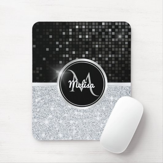 Chic Imitate Silver Glitzer Black Glitzer Monogram Mousepad (Mit Mouse)