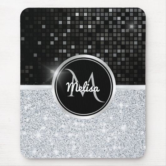 Chic Imitate Silver Glitzer Black Glitzer Monogram Mousepad (Vorne)